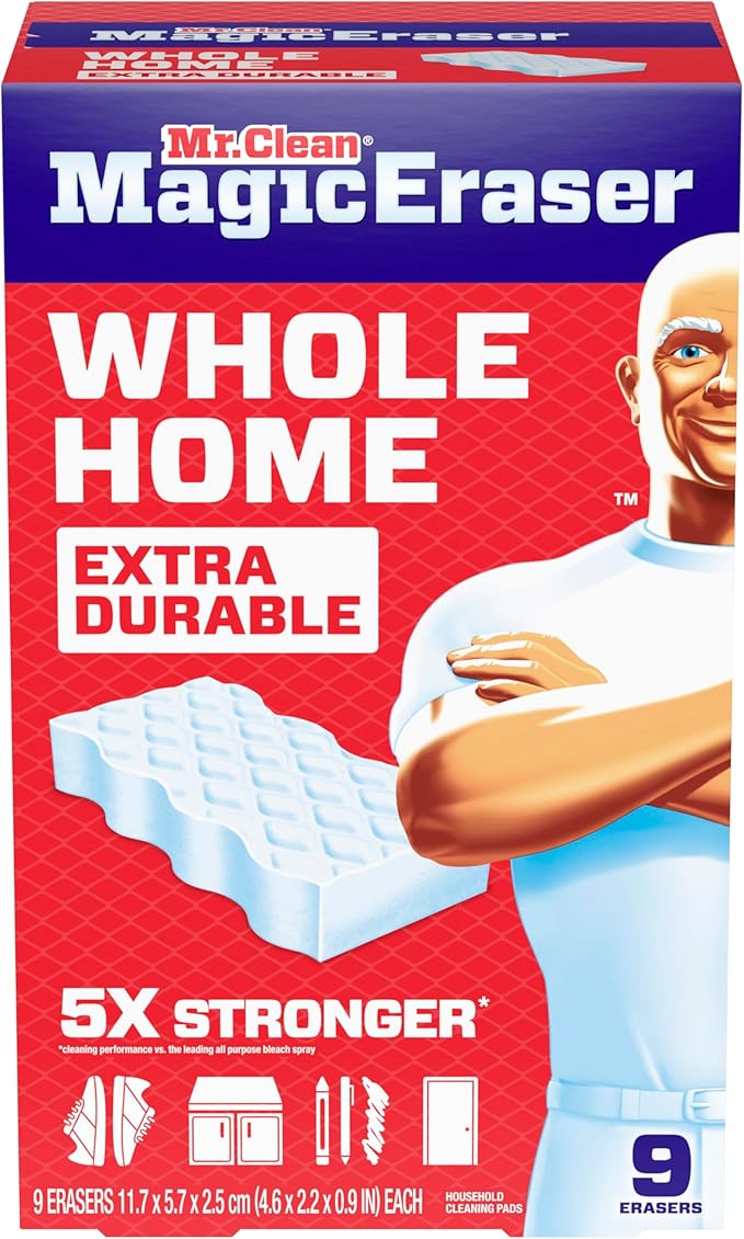 Mr. Clean Magic Eraser Sponge, All Purpose Cleaner, Cleaning Scrubber, Wall, Sneaker, Kitchen, Bathroom, Shower Cleaner, Cleaning Supplies, Melamine Sponge, Cleaning Pads, Extra Durable, 9ct