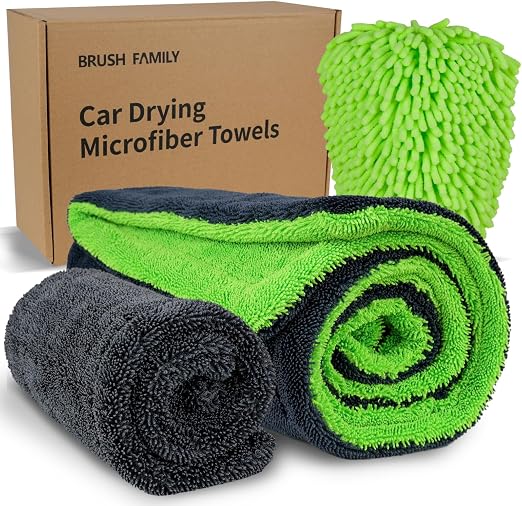 BRUSH FAMILY 3 Pack Car Microfiber Towels with Car Wash Mitt