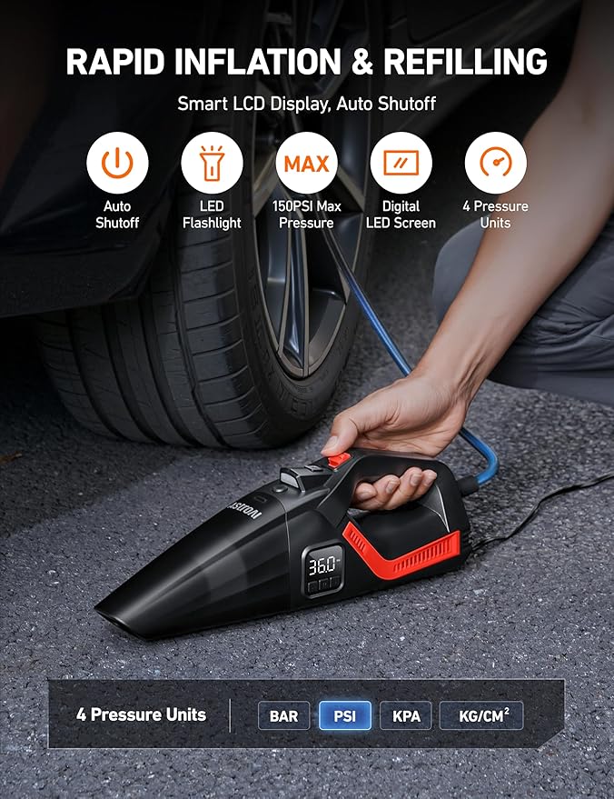 AstroAI 4-in-1 V3 Portable Handheld Car Vacuum Cleaner & Tire Inflator, 150 PSI Portable Air Compressor with Digital Dual Values Display, LED Light, 12V DC, 16.4FT Cord for Cars, Bikes, SUVs