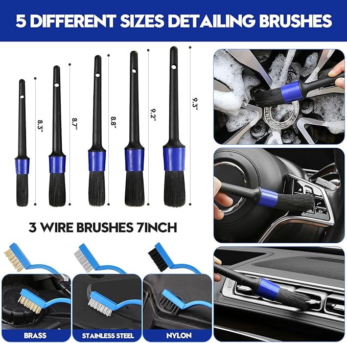 Qydipclin 38Pcs Car Detailing Kit, Car Detailing Brush Set, Car Wash Cleaning Kit, Car Detailing Brushes, Professional Car Care Kit for Interior Exterior Wheels, Blue