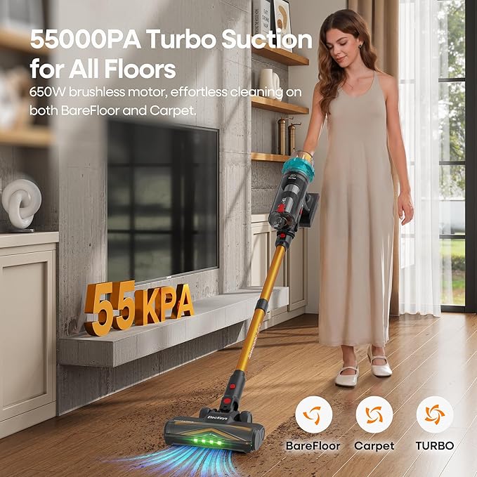 ElecKeys Cordless Vacuum Cleaner, 650W 55KPA 70Mins Vacuum Cleaners for Home, Self-Standing Stick Vacuum with Touch Screen, Anti-Tangle, Lightweight Wireless Vacuum for Hard Floor/Carpet/Pet Hair/Car