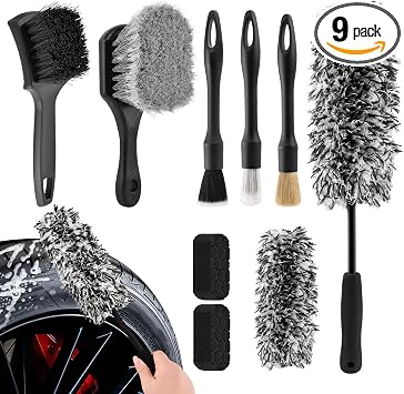 9PCS Car Wheel & Tire Cleaning Brush Kit, Soft-Bristle Wheel Brushes, Microfiber Flat Wheel Brushes, Detailing Brushes &