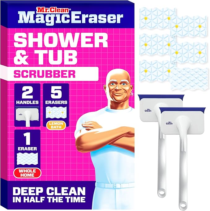 Mr. Clean Magic Eraser Shower & Tub Scrubber, Bathroom Cleaner, All in One Bathroom Cleaner, Lemon Starter Kit, 2 Scrubber, 5 Foaming Magic Erasers, 1 Whole Home Extra Durable Magic Eraser