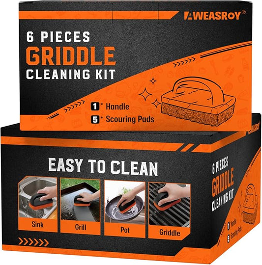12-Piece Griddle Cleaning Kit for Blackstone, Flat Top Grill Cleaning Kit Non-Scratch Scouring Pads for Kitchen - 10 Scrubber Pads and 2 Handles