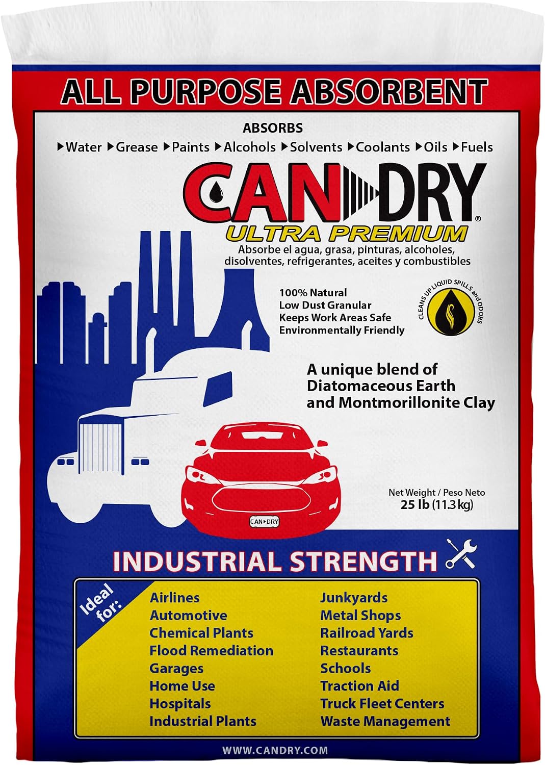 Can Dry Ultra Premium All Purpose Absorbent Granules, 25lbs - Spill Cleanup & Odor Control - Diatomaceous Earth & Montmorillonite Clay - Home, Garage, Industrial & Automotive Use
