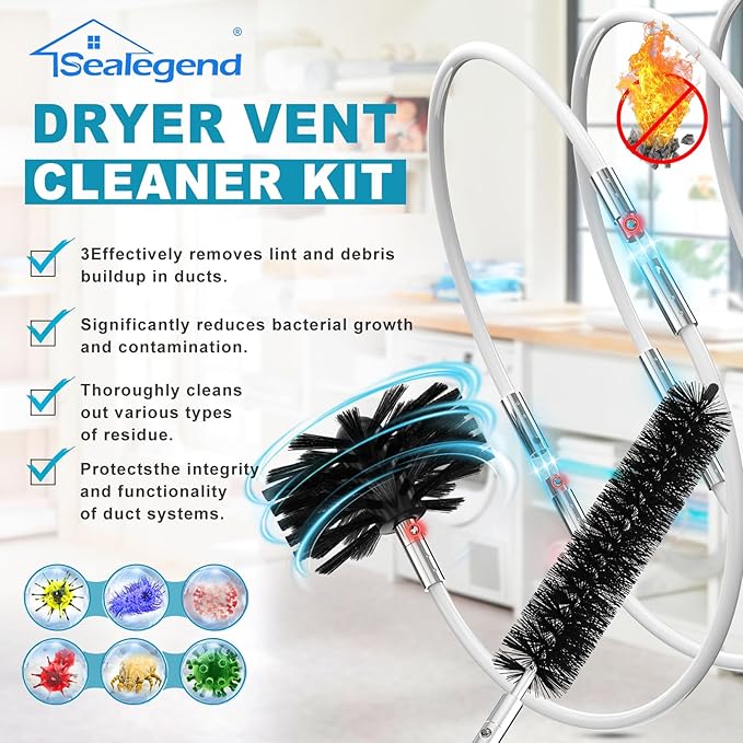 Sealegend 40 Feet Dryer Vent Cleaner Kit/Lint Remover/Upgraded Flexible Quick-Snap Brush with Drill Attachment/Fireplace Chimney Brushes for Easy to Use/Works with or Without Power Drill