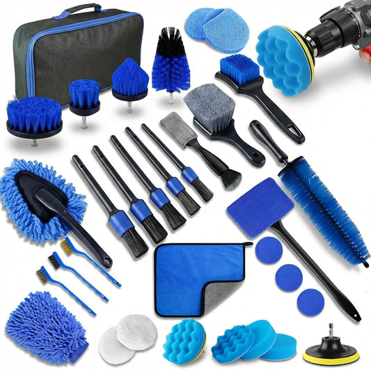 32-Piece Car Detailing Kit with Drill Brush Attachments & Polishing Pads – Professional Auto Detailing Brushes