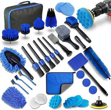 32-Piece Car Detailing Kit with Drill Brush Attachments & Polishing Pads – Professional Auto Detailing Brushes, Wheel & 