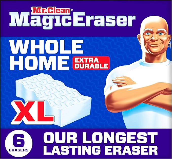 Mr. Clean Magic Eraser Sponge, All Purpose Cleaner, Long Lasting Cleaning Scrubber, Wall, Sneaker, Oven, Kitchen, Bathroom Cleaner, Shower Cleaning Supplies, Whole Home Extra Durable XL, 6ct