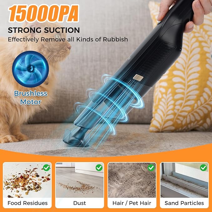 Handheld Vacuum Cordless,Dust Busters Cordless with Storage Dock,15KPA High Power Portable Vacuum Vordless,USB Quick Charge,Mini Vacuum with Multi-Nozzles & Washable Filter，Black