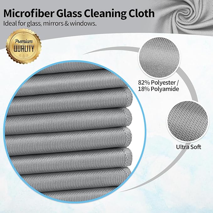 Microfiber Cleaning Cloth - 6 Pack Glasses Cleaning Cloth, 16" x 14" Window Cleaning Rags, Streak Free Lint Free Polishing Cloths Wipes for Eye Glass, Stainless Steel, Windshield, Grey