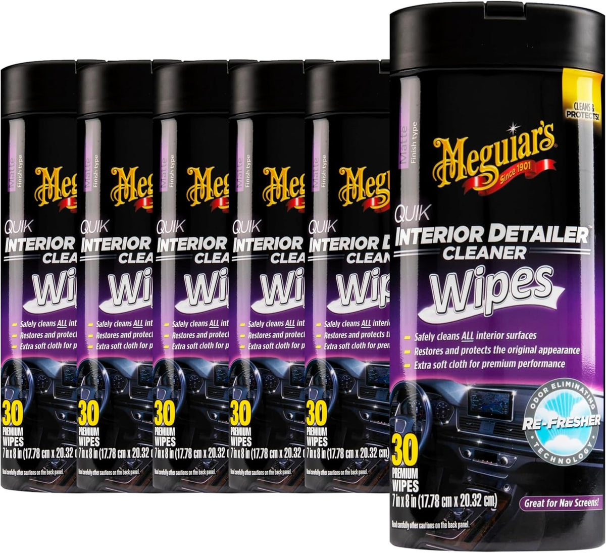 Quik Interior Detailer Wipes G13600, 6 Pack of 30 Count, 180 Total, Dashboard and Trim Cleaner for Leather, Vinyl, Rubber, Metal, LCD, Navigation Screens, Non-Greasy Touchups