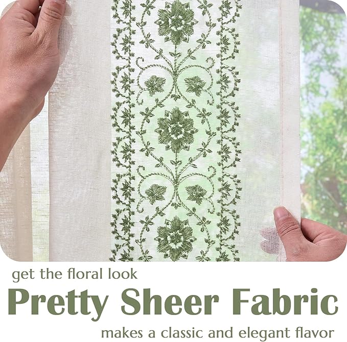 jinchan French Sheer Volie Door Curtain Embroidered Christmas Decor Farmhouse Linen Curtain for Patio Door with Tie up Bows for Door Window Closet Light Filtering 72 Inches 1 Panel Green on Beige