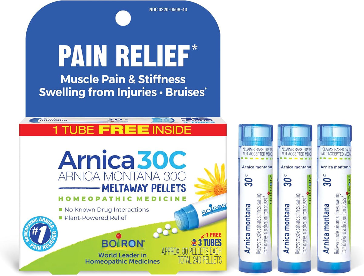 Arnica Montana 30C Homeopathic Medicine for Relief from Muscle Pain, Muscle Stiffness, Swelling from Injury, and Discoloration from Bruises - 3 Count (240 Pellets)