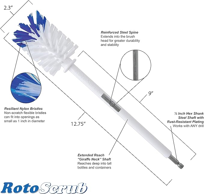 RotoScrub Bottle Brush - Drill Accessory - Clean Water Bottles, Coffee Mugs, Cups, Pots, Glasses, Jars, Blenders & Pitchers