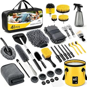 41Pcs Car Detailing Kit Interior with Drill Brush, Folding Bucket & Tote