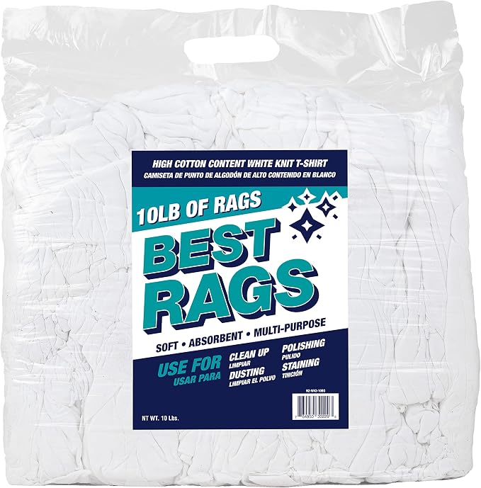 Arkwright Premium T-Shirt Rags Bulk, 10 lb Bag, Cotton Cleaning Towels, Low Lint Knit Wiping Cloths for Paint, Stain, Gr