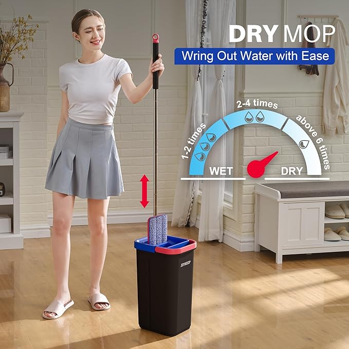 JOYMOOP Flat Mop System, Microfiber Mop and Bucket Set, Black, Floor & Wall Cleaning Mop for Home & Commercial Use, 60" Long Handle, Includes 5 Washable Pads