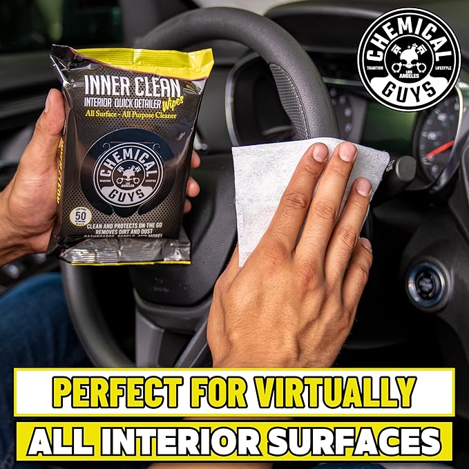 Chemical Guys InnerClean Interior Quick Detailer & Protectant Wipes – 50 Pack Multi Surface Interior Cleaner Wipes for Dashboards, Doors and Seats – Safe for Cars, Trucks, SUVs, RVs and Home Use