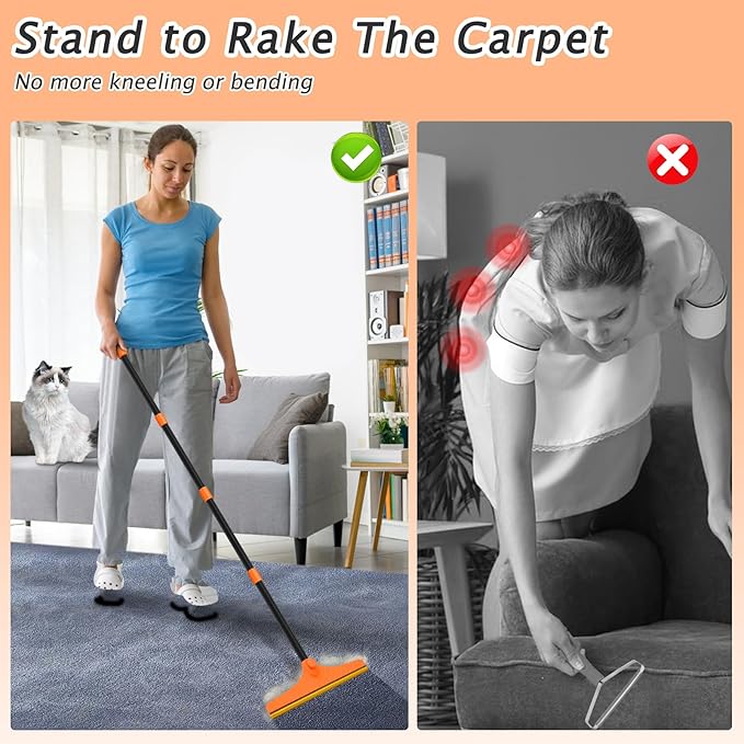 Eaersan Carpet Rake for Pet Hair Removal - Reusable Pet Hair Remover, 60” Adjustable Long Handle Cat Dog Carpet Rake Scraper, Dog Hair Rake Brush for Rugs, Mats, Couch