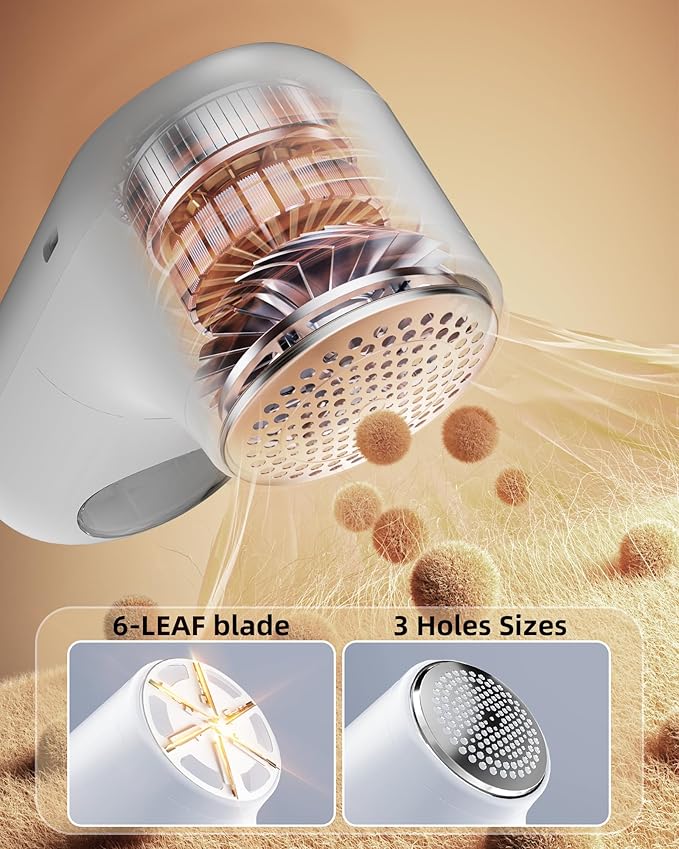 Fabric Shaver Lint Remover for Clothes, LED Display, 6-Leaf Blades, Rechargeable Sweater Defuzzer for Wool Cashmere Blanket Curtain Couch