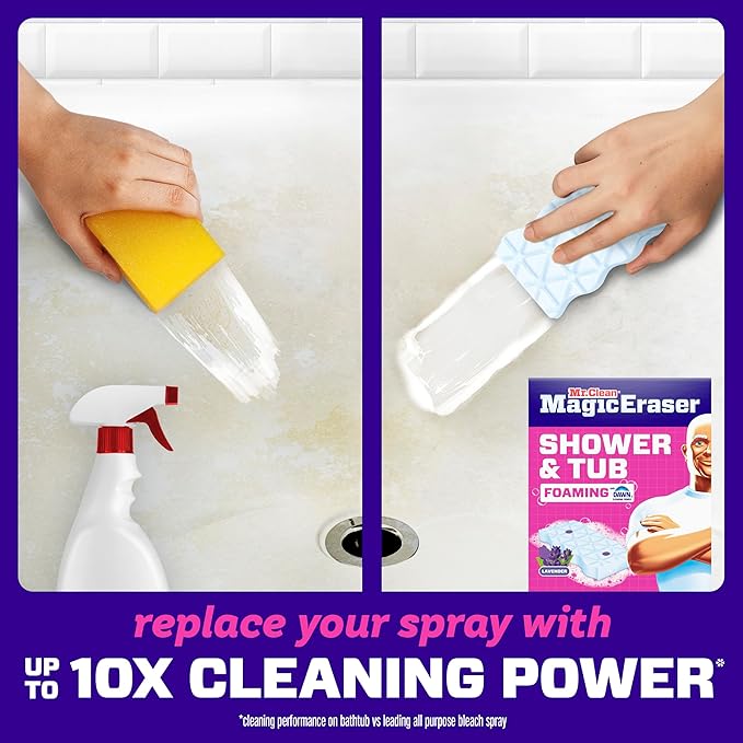 Mr. Clean Magic Eraser Sponge, Bathroom, Shower, Tub Cleaner, Soap Scum Remover, Bathroom Cleaning Supplies, Dawn Cleaning Power with Lavender Scent, Shower & Tub, 6ct