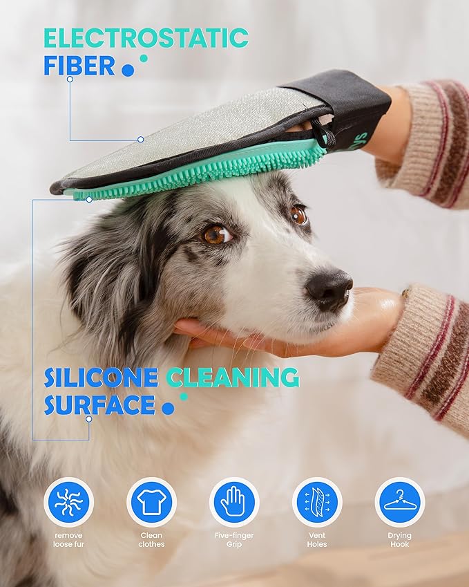 Pet Hair Removal Glove for Dogs & Cats(2-Pack), 2-in-1 Double-Sided Pet Grooming Glove, Electrostatic Pet Hair Remover Glove for Clothes & Furniture + Silicone Brush for Deshedding Pets