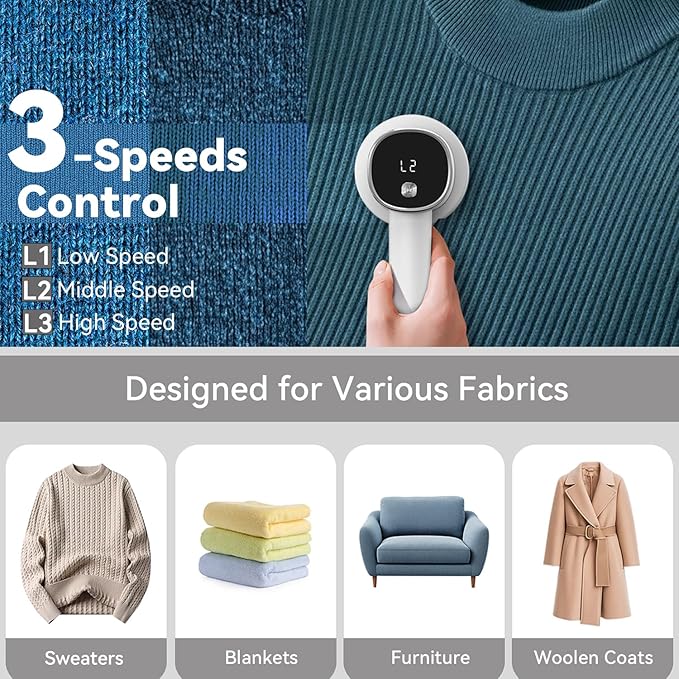 Rechargeable Fabric Shaver for Clothes: 6-Leaf Blades & 3 Speeds to Remove Pilling, Fuzz & Lint Balls - with LED Display, Portable Electric Lint Remover for Sweater, Couch, Blanket, Furniture