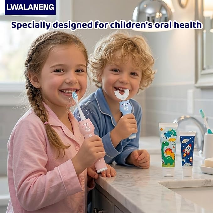 Kids Electric Toothbrush, with 4 Cleaning Modes, with 4 Brush Heads, Toddler U Shaped Toothbrush with 2 Soft Brush Head，Cartoon Bear 360-Degree Cleaning IPX7 Waterproof Design (Ages 2-16)