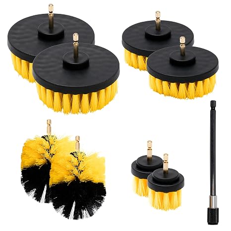 NEIKO 00321A Drill Brush Set, 9-Piece All-Purpose Scrubbing Attachments for Cleaning & Car Detailing, Extended-Reach Pow