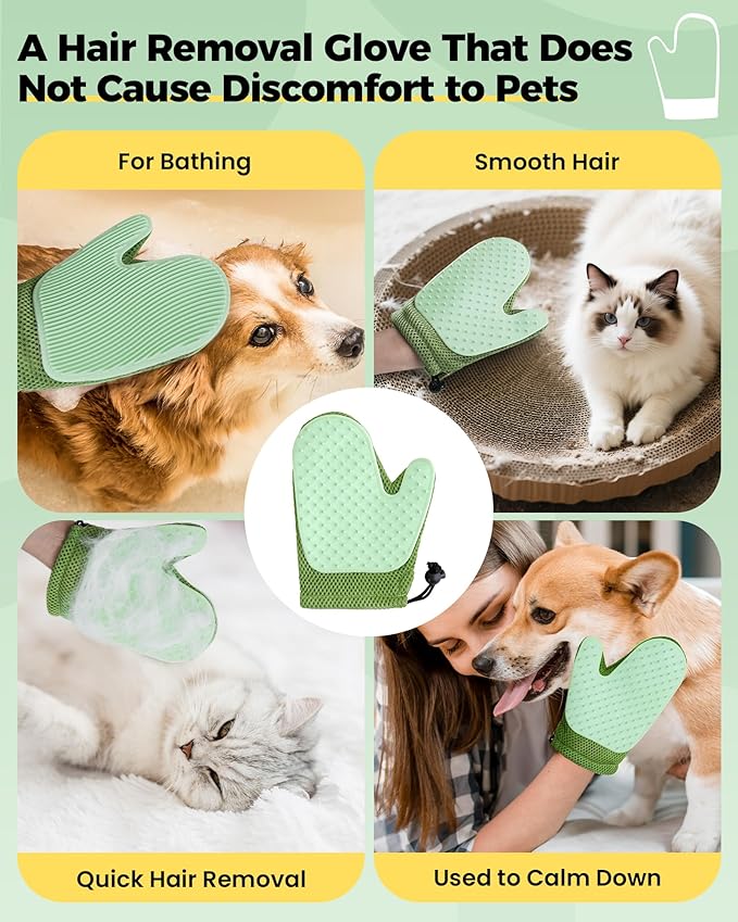 Carpet Rake for Pet Hair Removal Tool - 4 in 1 Pet Hair Remover Kit for Dog Cat Fur Remover, Contain 60" Adjustable Rubber Broom, Glove, Magic Brush and Scraper for Furniture,Short Pile Carpets, Mats