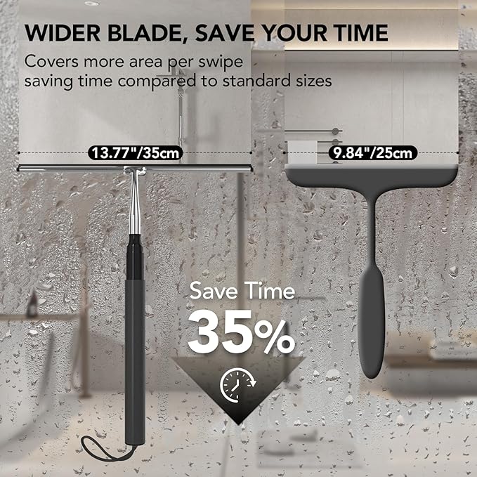 Shower Squeegee for Glass Doors, Shower Squeegee with Long Handle, Extendable Window Cleaner Tool for Car Windows, Tile Walls, Sliding Door