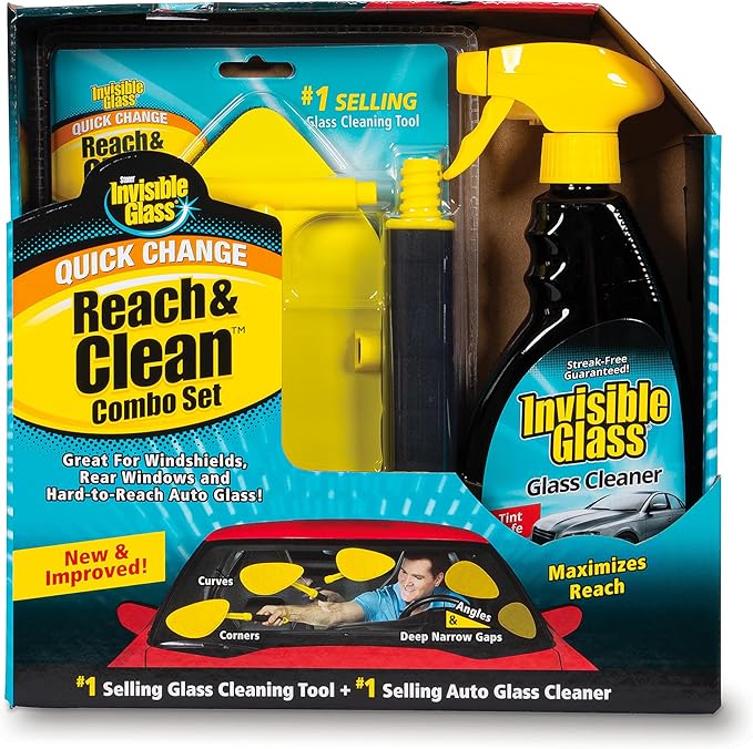 Invisible Glass 99050 Reach & Clean Glass Windshield Cleaner Tool Combo Kit with Premium Spray Glass Cleaner, Extendable Handle, (2) Reusable Quick Change Microfibers, and Storage Bag