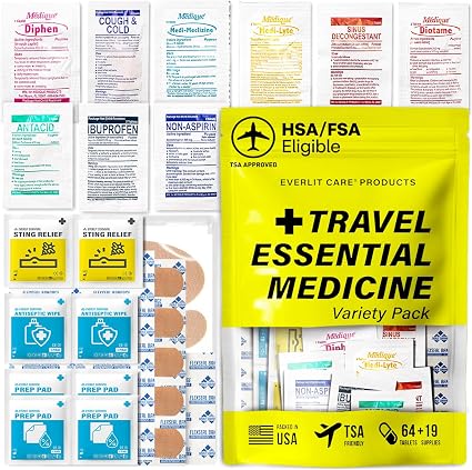 EVERLIT CARE Travel Essential Medicine First Aid Kit I Bonus Medical Supplies I TSA Compliant Mini Size Medkit for Trave