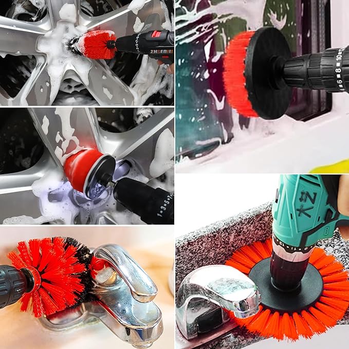 8 Pcs Drill Brush Attachment Set, Power Cleaning Scrub Brush Kit with Extend Long Attachment, All Purpose Drill Scrub Brushes for Car, Grout, Floor, Tub, Bathroom and Kitchen (red)