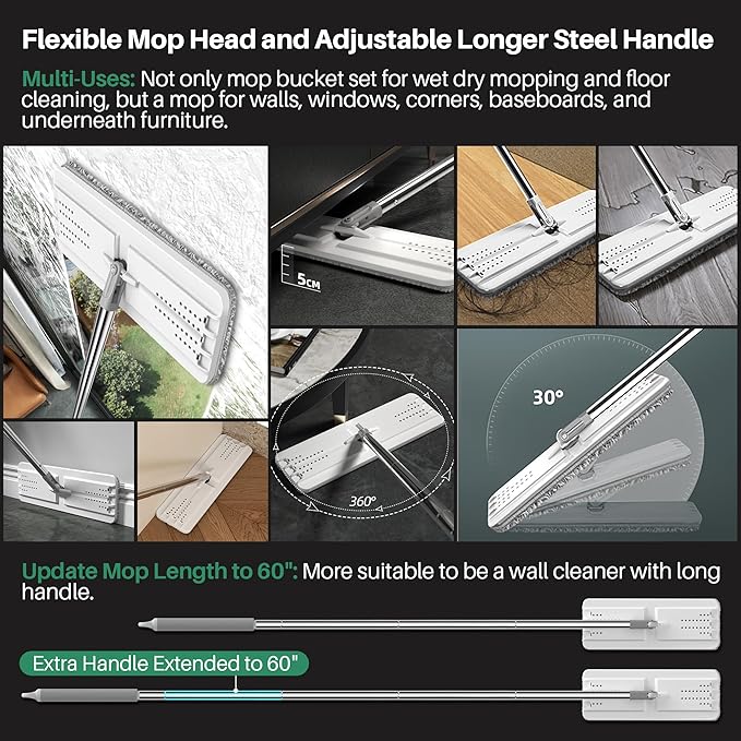 JOYMOOP Flat Mop System, Microfiber Mop and Bucket Set, White, Household & Commercial Floor Cleaning Mop with Long Handle, Includes 3 Microfiber Pads