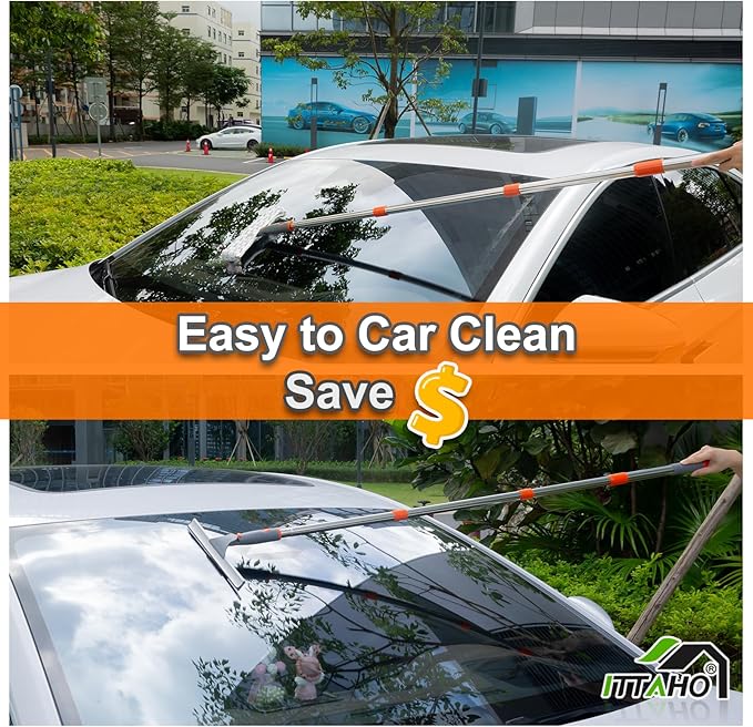 Squeegee for Window Cleaning,12" Squeegee and 11" Microfiber Scrubber Combi with Stainless Steel Pole,Extendable Window Cleaner for Car,Sliding Door,Shower Glass Door-Swivel Style-2 Pads