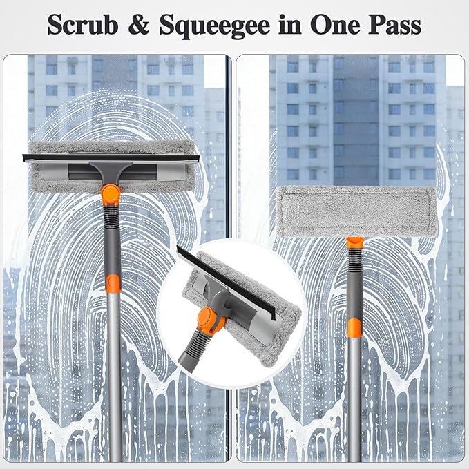 MASTERTOP 64”Window Squeegee with Extension Pole, 2-in-1 Professional Window Glass Cleaner Tool,Microfiber Cloth Window Washer Tool, Home Window Squeegee for Glass, Tile, Mirror