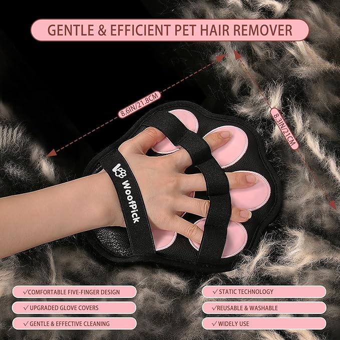 WoofPick 2 PCS Efficient PU Pet Hair Removal Gloves, Cat Dog Hair Remover, Electrostatic Deshedding Mitts, Gentle Reusable Fur Removal Tool for Furniture, Couch, Clothes & Car