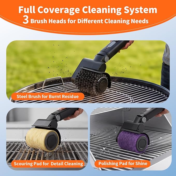 Electric Grill Cleaner 3-in-1 Kit, Cordless BBQ Grill Cleaner with Adjustable Angle, High Torque Motor, 3-Speed Rotating Grill Cleaning Brush for Burnt-On Grease & Grill Grates, Rechargeable