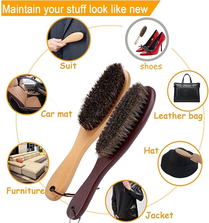 Clothes Garment Dust Cleaning Brush Lint Remover Brush with Genuine Soft Horsehair and Wooden Handle for Coat Men Suits Shoes Jacket Furniture Car Mat and Pet Hair (2-Pack)