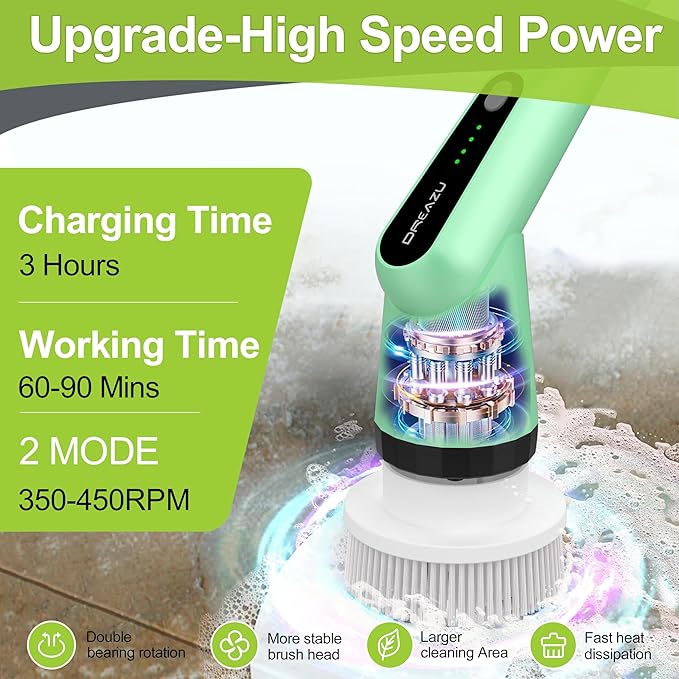 G2-Electric Spin Scrubber - IPX7 Waterproof 12-in-1 Shower Cleaner Brush, Retractable Handle & 2-Speed for Bathroom, Bathtub, Kitchen, Tile Floors