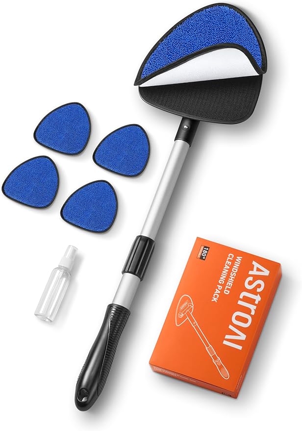 AstroAI Windshield Cleaner Tool, Car Window Cleaner with 4 Upgraded Microfiber Pads, 1 Spray Bottle, 180° Rotatable and Extendable Handle, Effortless Installation