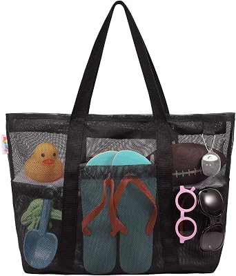 Tagitary Mesh Beach Bag with Zipper Large Beach Tote Waterproof Sandproof with 8 Pockets for Toys Pool Bag Beach Accesso