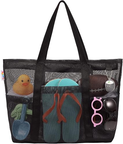 Tagitary Mesh Beach Bag with Zipper Large Beach Tote Waterproof Sandproof with 8 Pockets for Toys Pool Bag Beach Accesso