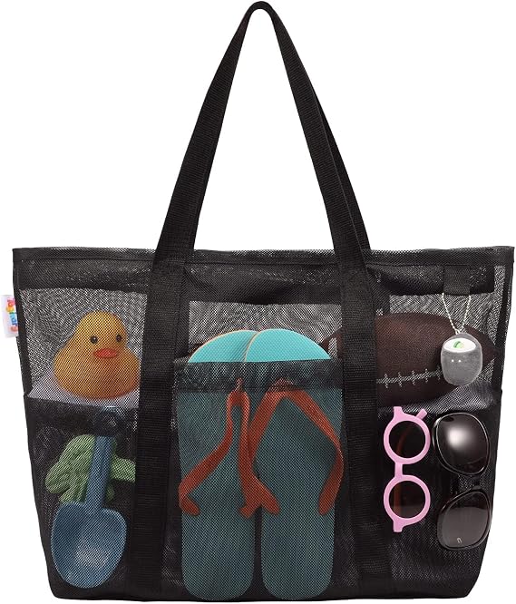 Tagitary Mesh Beach Bag with Zipper Large Beach Tote Waterproof Sandproof with 8 Pockets for Toys Pool Bag Beach Accesso