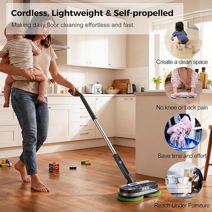 BLONEX Cordless Electric Mop with Spray & Detachable Water Tank, Lightweight Electric Spin Mop with Headlights for Hardwood Tile Laminate Floors, Long-Lasting Battery, Self-Propelled Floor Cleaner