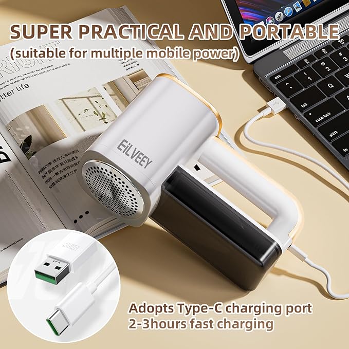EiLVEEY Rechargeable Lint Remover, Fabric Shaver Fuzz Remover, Sweater Shavers with 6-Leaf Blades, 3-Speeds Digital LED Display to Remove Pilling for Clothing and Furniture, Lint Ball, White