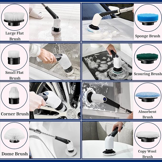Jorking Electric Spin Scrubber, Cordless Power Scrubber Up to 420RPM Powerful Cleaning, Shower Scrubber for Cleaning Bathtub, Tile and Floor with 8 Types of Replaceable Brush Heads, Voice Broadcast