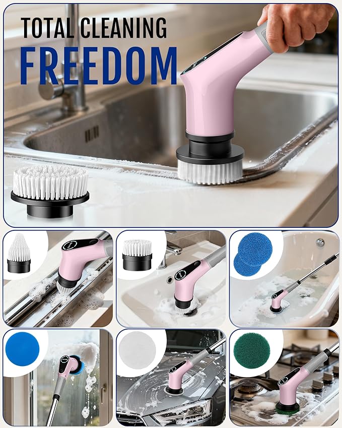 Dovety Electric Spin Scrubber, Shower Scrubber, Power Cleaner Tools with 8 Replaceable Brush Heads, Cleaning Brush with Extension Handle, 2 Adjustable Speeds, 90Mins Work Time for Home Bathtub-Pink
